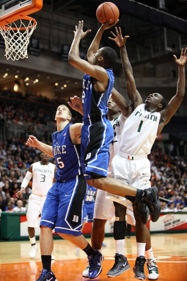 FEB. 13, 2011-Coral Gables, Florida, U.S - Duke Blue Devils guard  Nolan Smith (2) drives the ball to the hoop during  the game between Miami and Duke at Bank United Center in Coral Gables, Florida.The Duke Blue Devils defeated the Miami Hurricanes 81-71